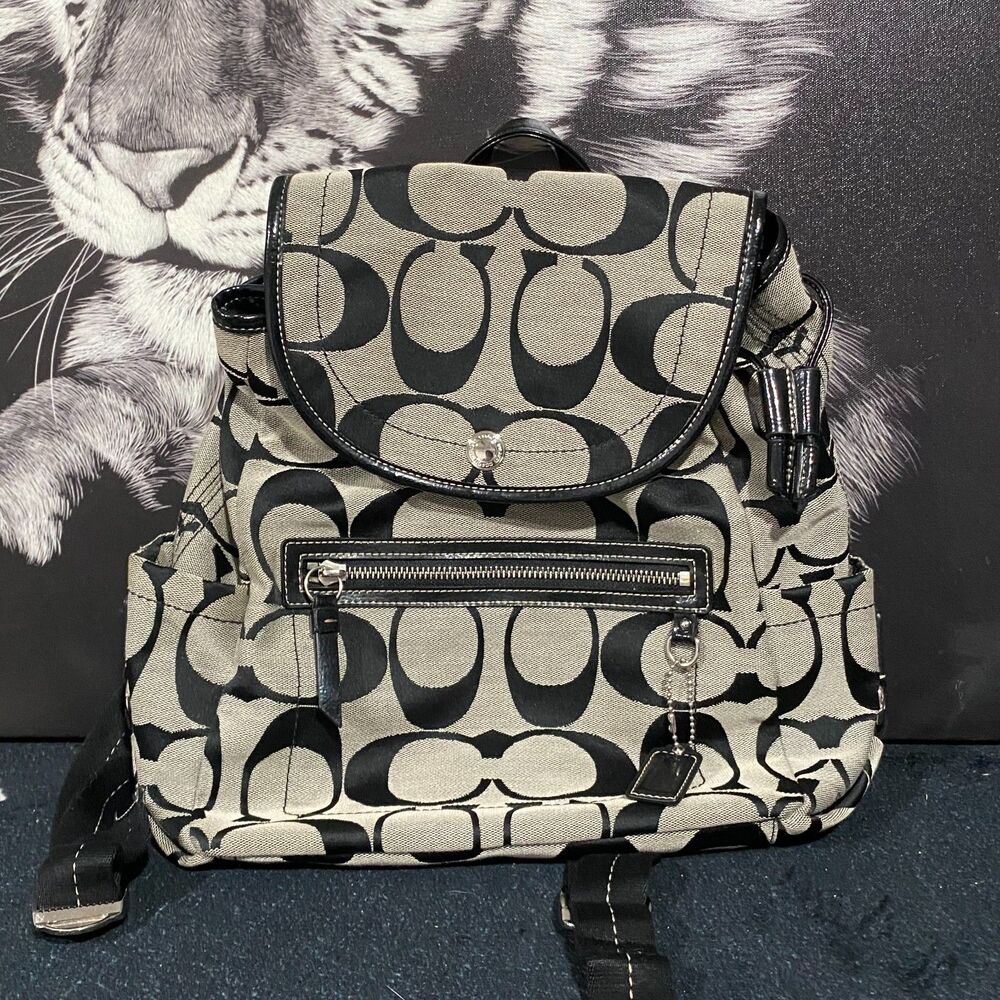 Coach Daisy Kyra Backpack Women's Beige Canvas Jacquard Logo Shoulder Straps